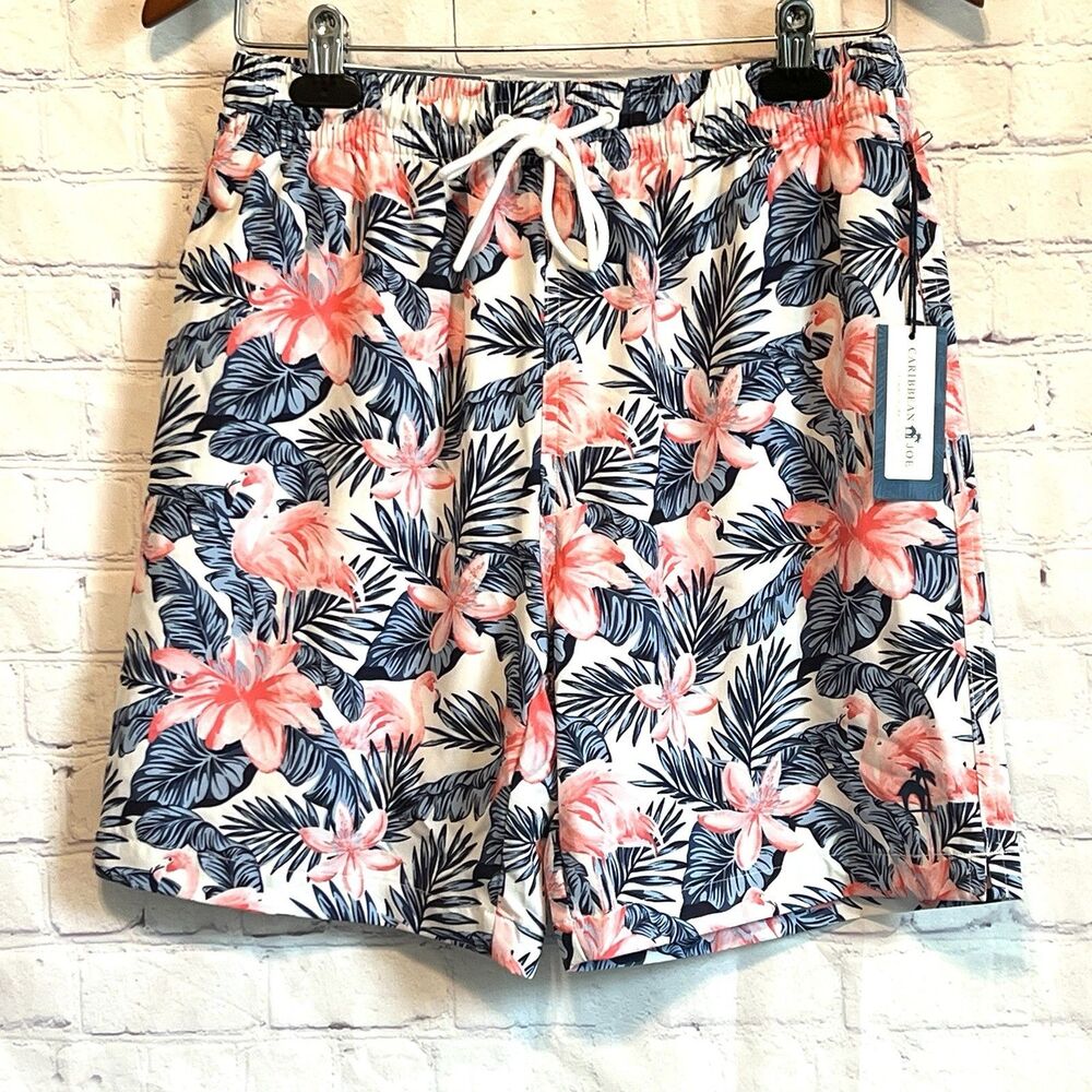 Caribbean Swimwear Men’s M Swim Trunks Print Green Multi Drawcord 7” Inseam New